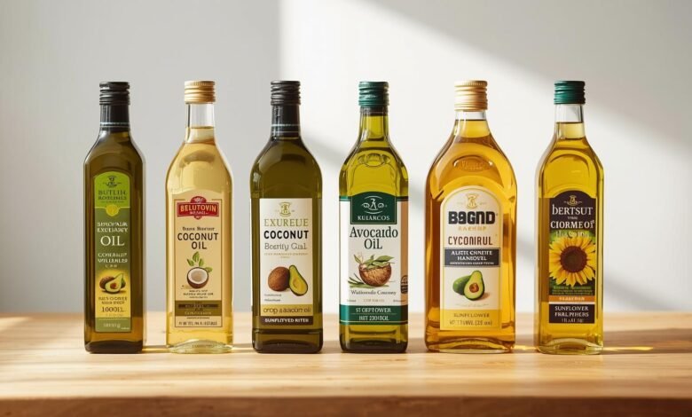 مجموعة من زجاجات زيت طبخ صحية تشمل زيت الزيتون، زيت الأفوكادو، زيت الكانولا العضوي، وزيت جوز الهند، مرتبة على خلفية مطبخ نظيف مع إضاءة طبيعية.