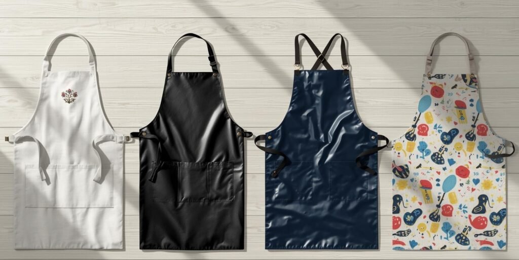 أربعة أنواع من مريلة طبخ: قماش، جلد، بلاستيك، ومريله للاطفال