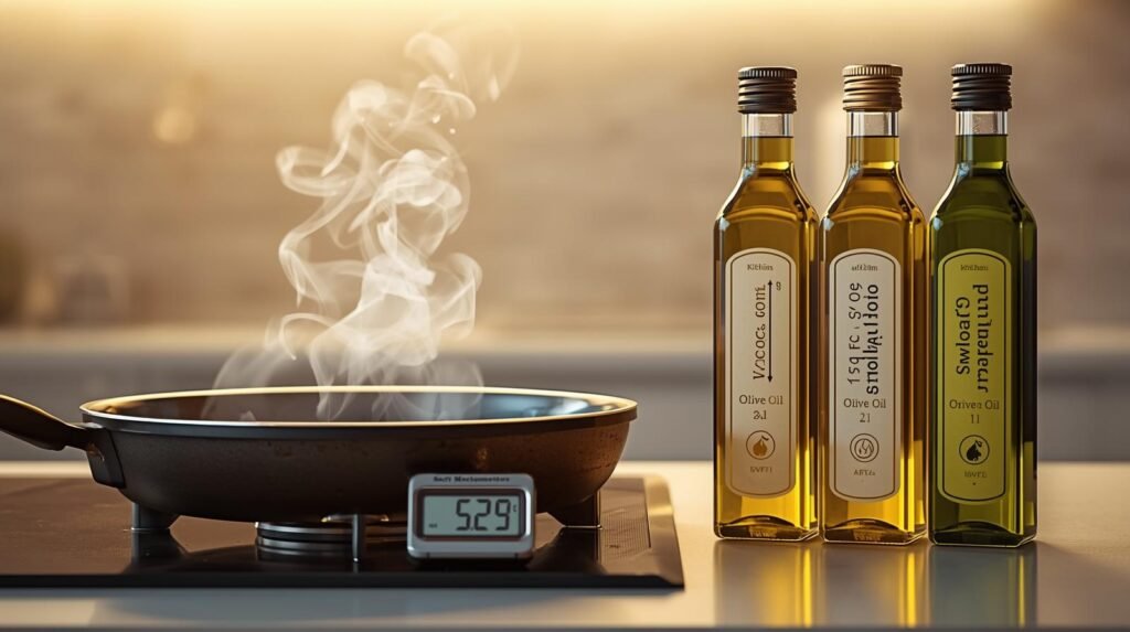ميزان حرارة رقمي مغروس في مقلاة تحتوي على زيت، مع دخان خفيف يتصاعد، وزجاجات زيت مختلفة مُرقّمة بدرجات دخانها (مثل زيت الأفوكادو 270°م، زيت الزيتون 190°م).