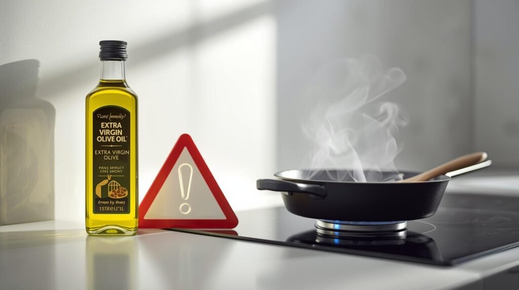 زجاجة زيت زيتون بكر ممتاز بجانب مقلاة تصدر دخانًا خفيفًا، مع ملصق يوضح "درجة دخان: 160°م"، وعلامة تحذير بجانبها، مقابل زجاجة زيت زيتون "نقي" مناسب للطبخ.