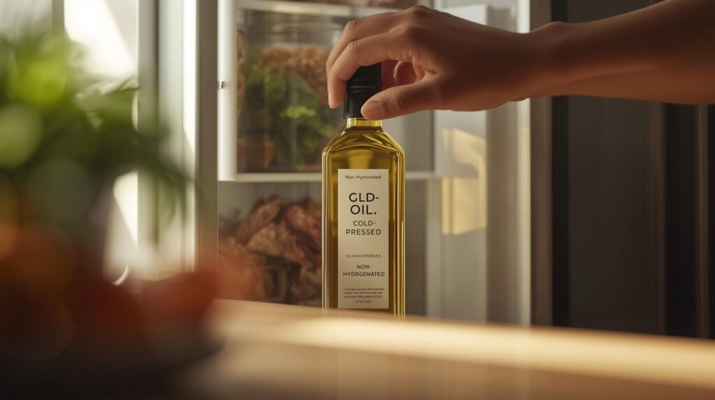 يد تجري اختبارات بسيطة على زيت الزيتون: رائحة طبيعية، لون ذهبي شفاف، وزجاجة في الثلاجة تظهر عكارة جزئية — مقابل زجاجة زيت مغشوش بلون باهت ورائحة كريهة.