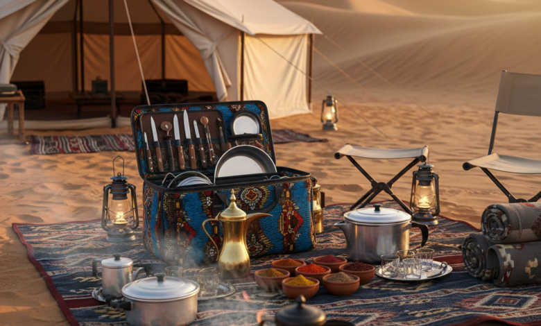 عزبة طبخ احترافية مفتوحة تعرض أدوات الطبخ المنظمة في الصحراء السعودية مع دلة قهوة عربية وخيمة في الخلفية عند غروب الشمس